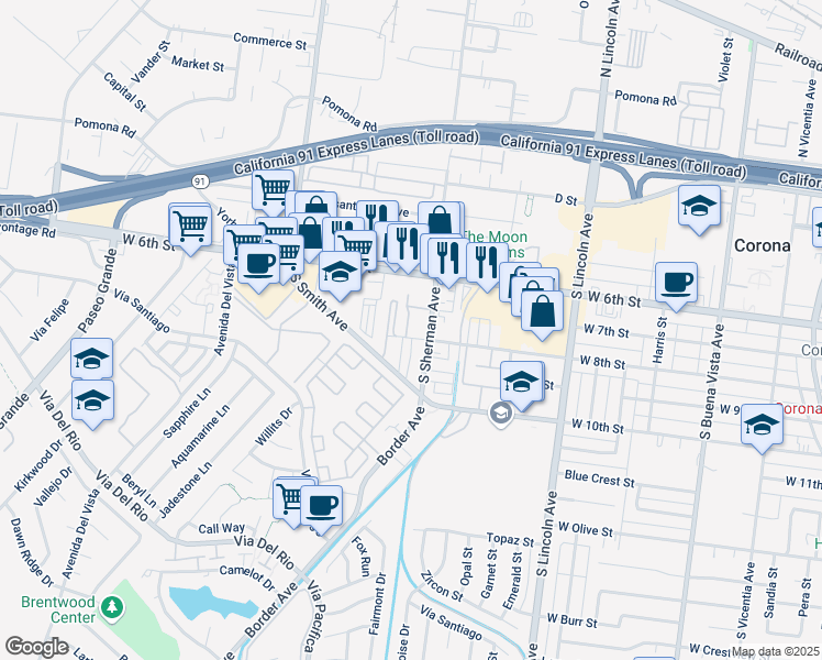 map of restaurants, bars, coffee shops, grocery stores, and more near 1325 West 8th Street in Corona