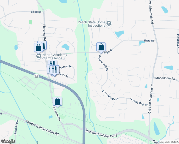 map of restaurants, bars, coffee shops, grocery stores, and more near 3127 Ramblewood Court in Powder Springs