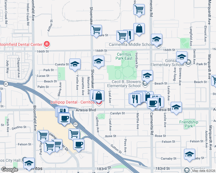 map of restaurants, bars, coffee shops, grocery stores, and more near 17027 Leal Avenue in Cerritos