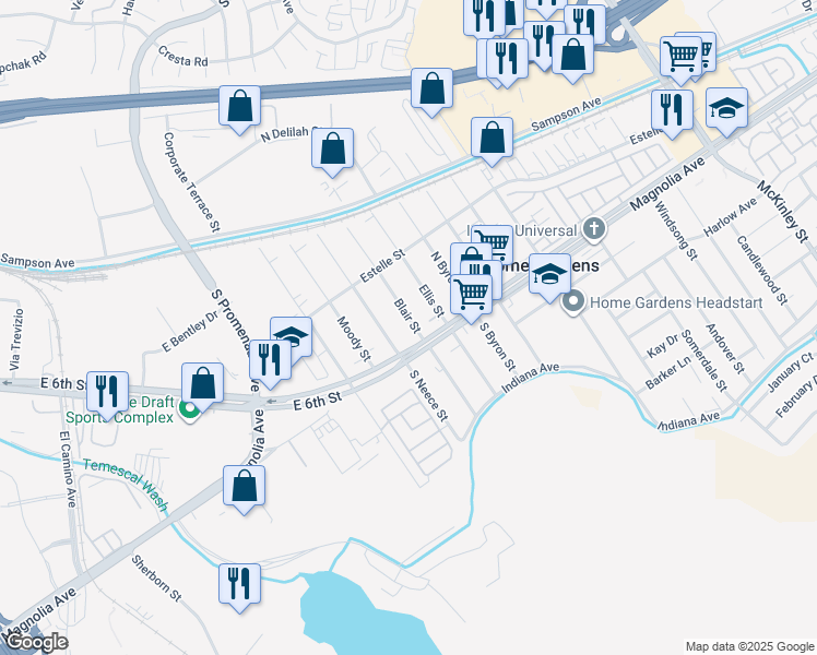map of restaurants, bars, coffee shops, grocery stores, and more near 3848 Blair Street in Corona