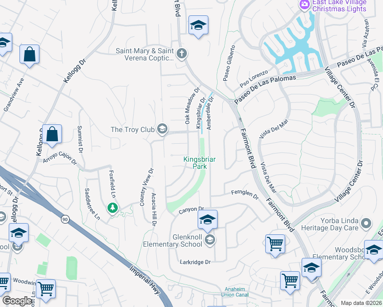 map of restaurants, bars, coffee shops, grocery stores, and more near 5892 Oak Meadow Drive in Yorba Linda