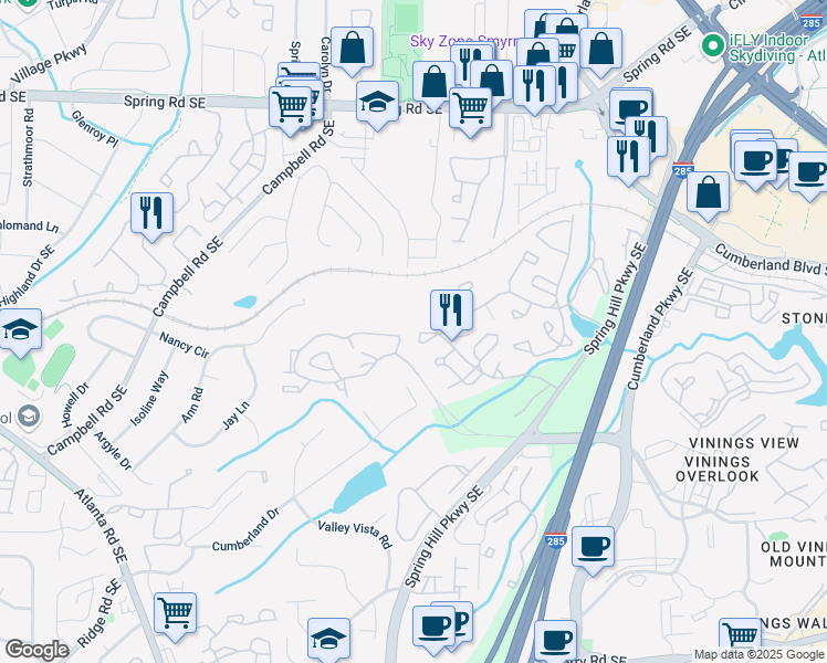 map of restaurants, bars, coffee shops, grocery stores, and more near 1506 Cumberland Court Southeast in Smyrna