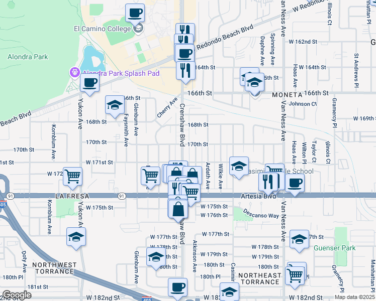 map of restaurants, bars, coffee shops, grocery stores, and more near 17018 Crenshaw Boulevard in Torrance