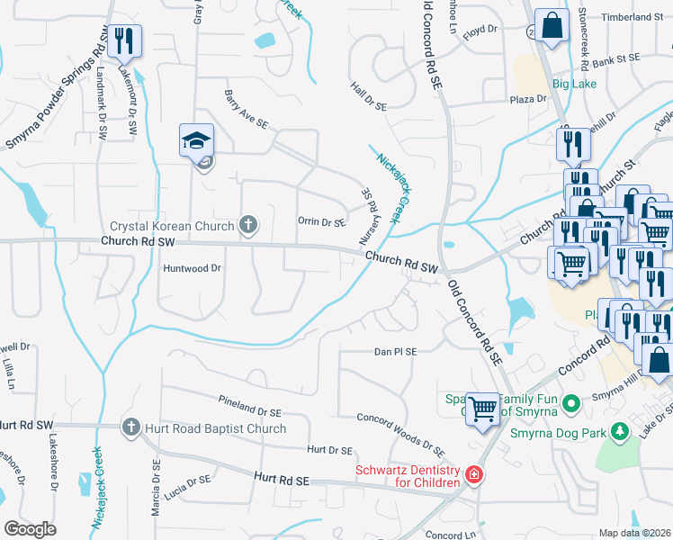 map of restaurants, bars, coffee shops, grocery stores, and more near 3158 Autumn Brook Trail in Smyrna