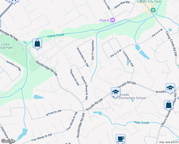 map of restaurants, bars, coffee shops, grocery stores, and more near 110 Amsterdam Drive Southwest in Lilburn