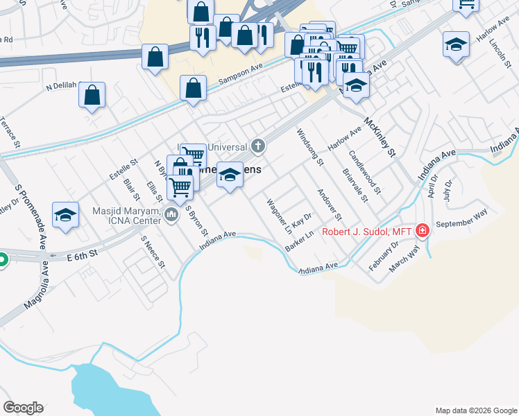 map of restaurants, bars, coffee shops, grocery stores, and more near 3653 Grant Street in Corona