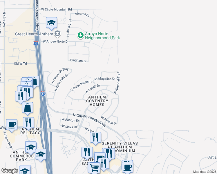 map of restaurants, bars, coffee shops, grocery stores, and more near 3555 West Denali Court in New River