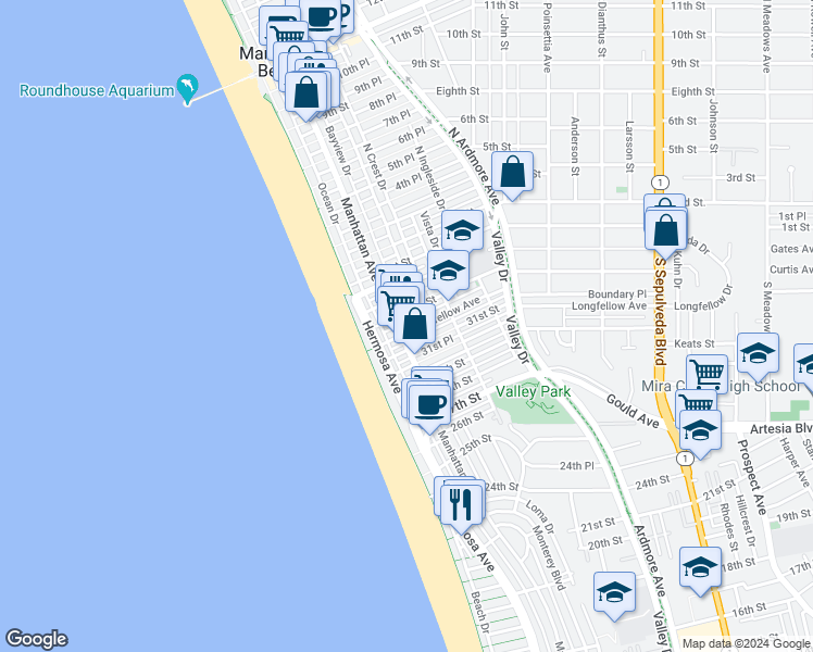 map of restaurants, bars, coffee shops, grocery stores, and more near 216 33rd Place in Hermosa Beach