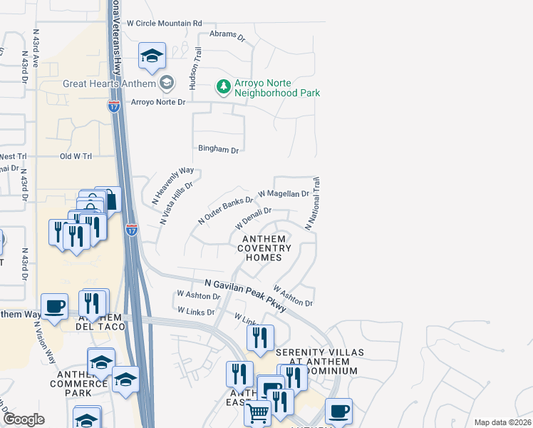 map of restaurants, bars, coffee shops, grocery stores, and more near 3653 West Denali Drive in New River