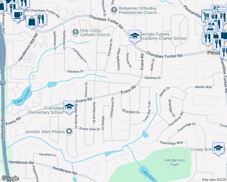 map of restaurants, bars, coffee shops, grocery stores, and more near 3796 Evans Rd in Doraville