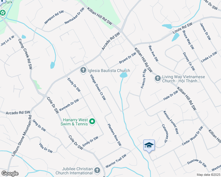 map of restaurants, bars, coffee shops, grocery stores, and more near 703 Village Creek Drive Southwest in Lilburn