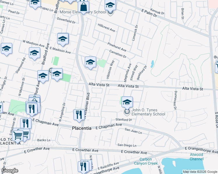 map of restaurants, bars, coffee shops, grocery stores, and more near 530 Allison Lane in Placentia