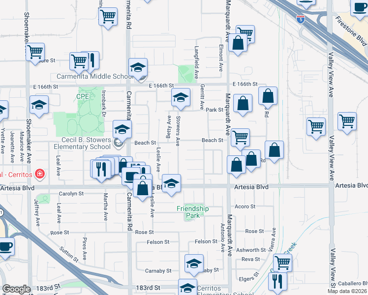 map of restaurants, bars, coffee shops, grocery stores, and more near 13635 Palm Street in Cerritos
