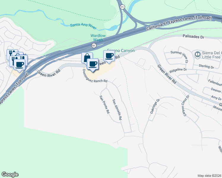 map of restaurants, bars, coffee shops, grocery stores, and more near 1411 San Almada Drive in Corona