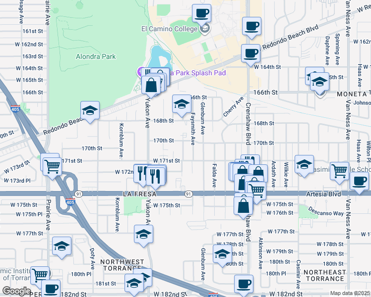 map of restaurants, bars, coffee shops, grocery stores, and more near 17020 Ermanita Avenue in Torrance