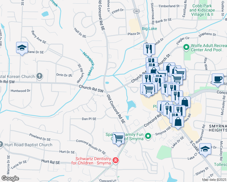 map of restaurants, bars, coffee shops, grocery stores, and more near 530 Church Road in Smyrna