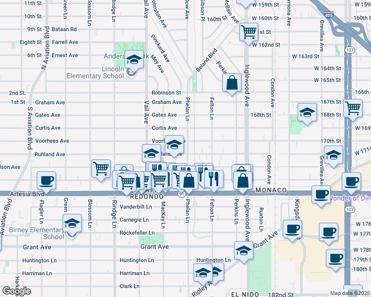 map of restaurants, bars, coffee shops, grocery stores, and more near 2305 Phelan Lane in Redondo Beach