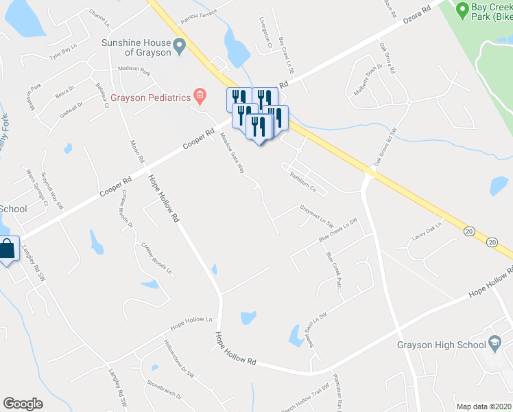 map of restaurants, bars, coffee shops, grocery stores, and more near 2905 Meadow Gate Way in Loganville