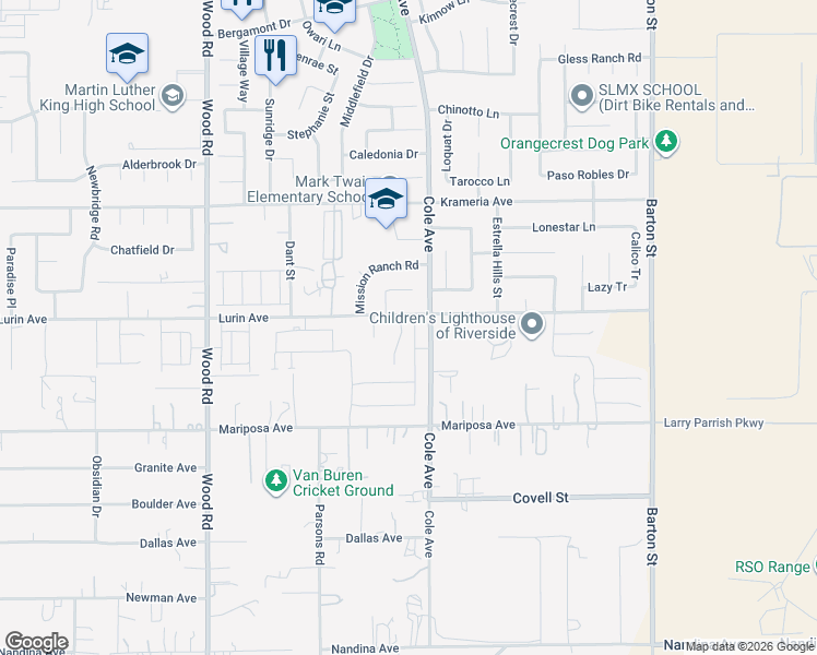 map of restaurants, bars, coffee shops, grocery stores, and more near 9619 Babaco Street in Riverside