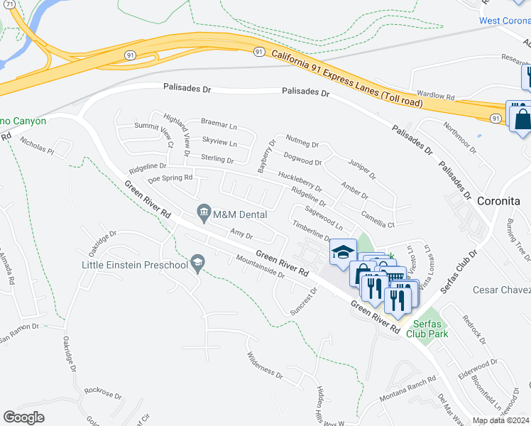 map of restaurants, bars, coffee shops, grocery stores, and more near 3324 Fallenleaf Drive in Corona