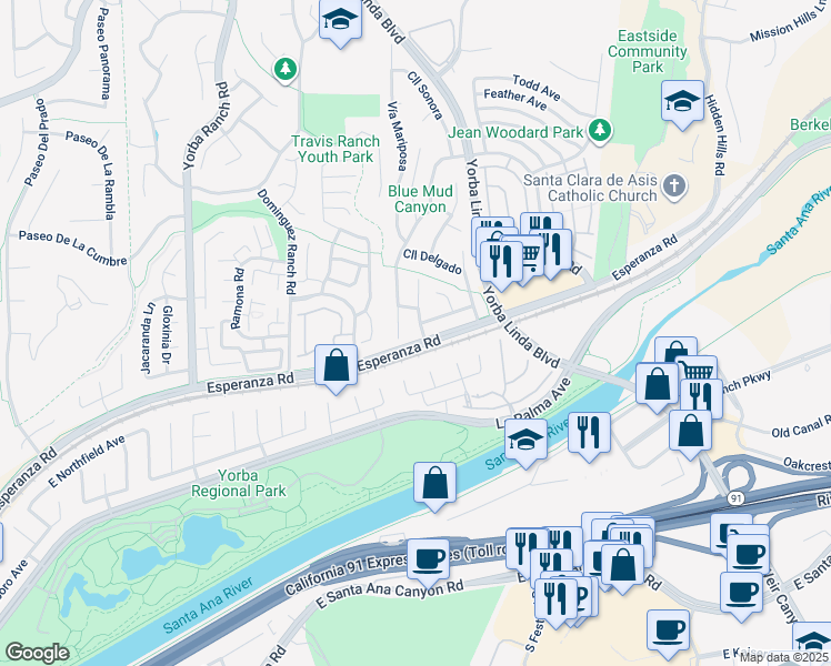 map of restaurants, bars, coffee shops, grocery stores, and more near 6095 Calle Entrada in Yorba Linda