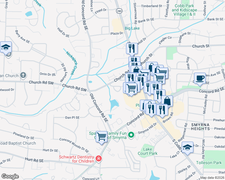 map of restaurants, bars, coffee shops, grocery stores, and more near 1082 Huntington Trce Southeast in Smyrna
