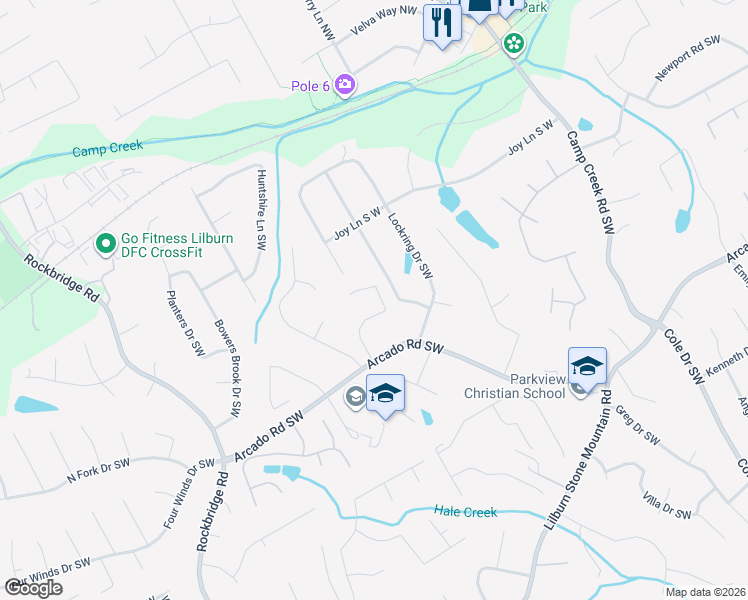 map of restaurants, bars, coffee shops, grocery stores, and more near 115 Parkview Trace Pass Southwest in Lilburn
