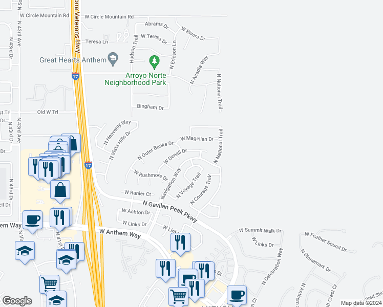 map of restaurants, bars, coffee shops, grocery stores, and more near 3629 West Denali Drive in New River