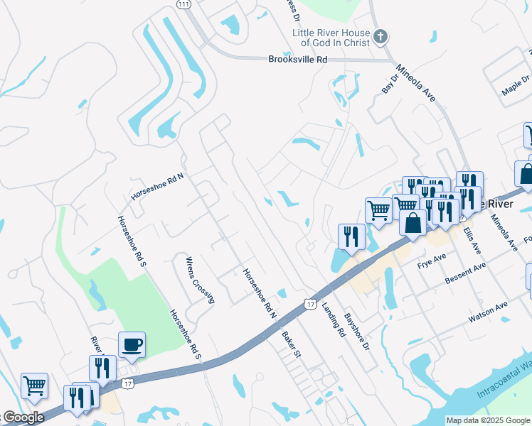 map of restaurants, bars, coffee shops, grocery stores, and more near 4179 Hibiscus Drive in Little River