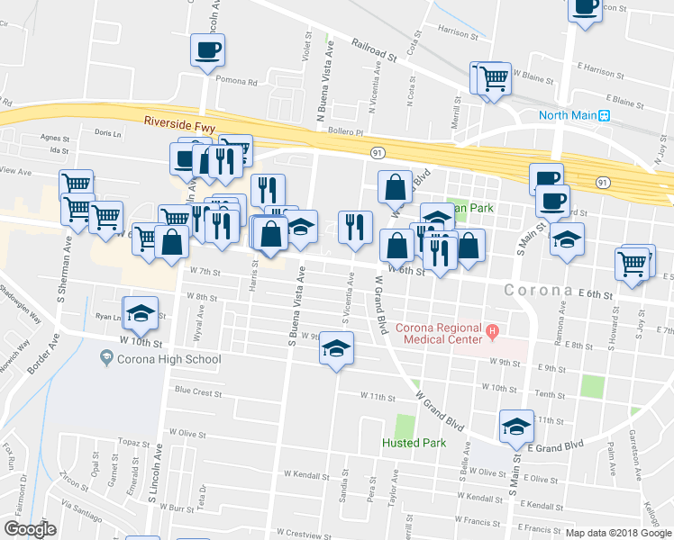 map of restaurants, bars, coffee shops, grocery stores, and more near 816 W 6th St in Corona