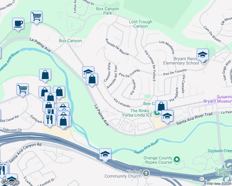 map of restaurants, bars, coffee shops, grocery stores, and more near 5600 Vía De Campo in Yorba Linda
