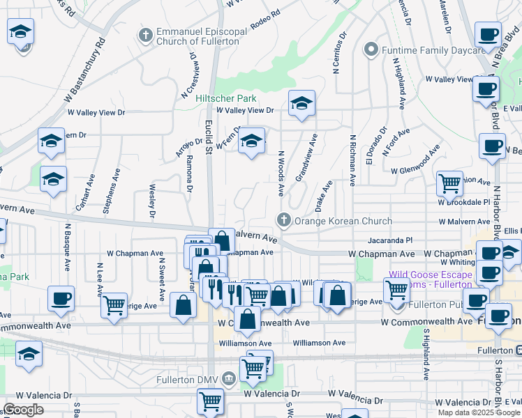 map of restaurants, bars, coffee shops, grocery stores, and more near 633 Lemon Hill Terrace in Fullerton