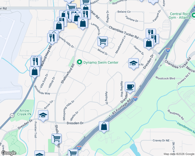 map of restaurants, bars, coffee shops, grocery stores, and more near 2579 Woodgreen Drive in Chamblee