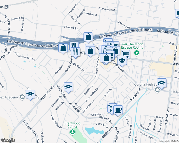 map of restaurants, bars, coffee shops, grocery stores, and more near 1635 Vía Santiago in Corona