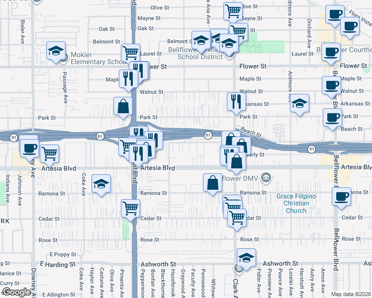 map of restaurants, bars, coffee shops, grocery stores, and more near 9200 Palm Street in Bellflower