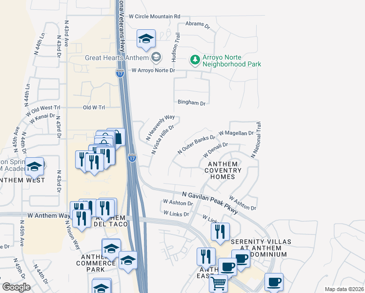 map of restaurants, bars, coffee shops, grocery stores, and more near 43127 North Outer Banks Drive in New River