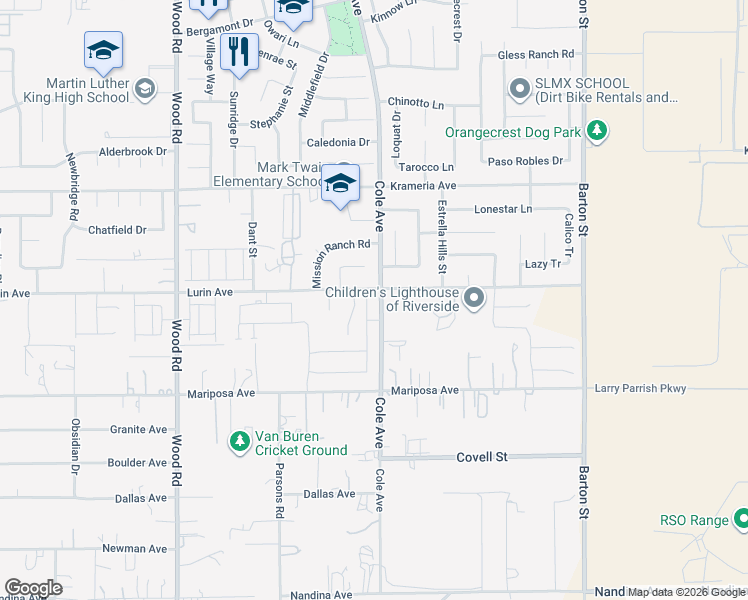 map of restaurants, bars, coffee shops, grocery stores, and more near 16820 Cole Avenue in Riverside