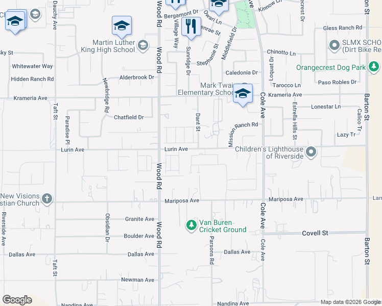 map of restaurants, bars, coffee shops, grocery stores, and more near 16725 Dant Street in Riverside