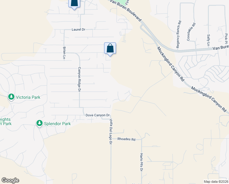map of restaurants, bars, coffee shops, grocery stores, and more near 14499 Quailridge Drive in Riverside