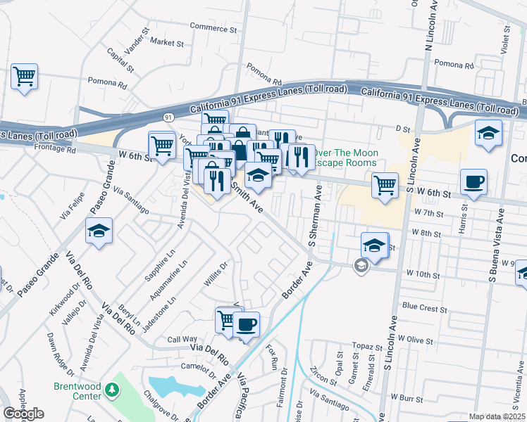 map of restaurants, bars, coffee shops, grocery stores, and more near 790 South Smith Avenue in Corona