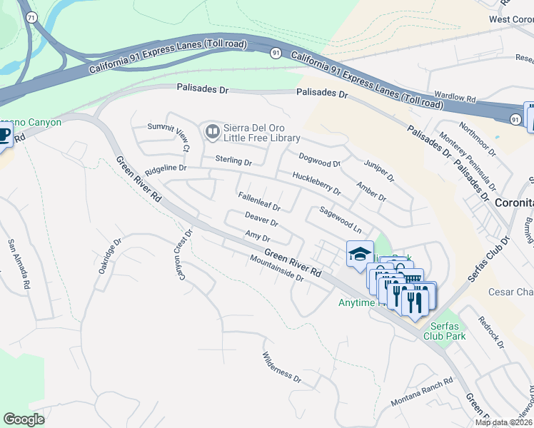 map of restaurants, bars, coffee shops, grocery stores, and more near 3324 Fallenleaf Drive in Corona