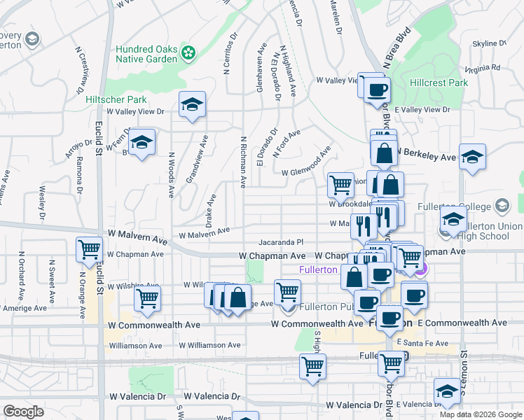 map of restaurants, bars, coffee shops, grocery stores, and more near 408 West Brookdale Place in Fullerton