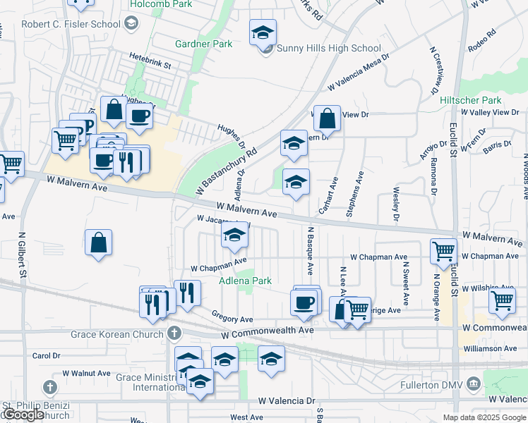 map of restaurants, bars, coffee shops, grocery stores, and more near 1725 West Malvern Avenue in Fullerton
