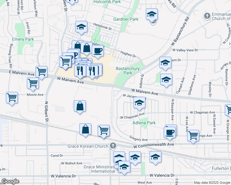 map of restaurants, bars, coffee shops, grocery stores, and more near in Fullerton