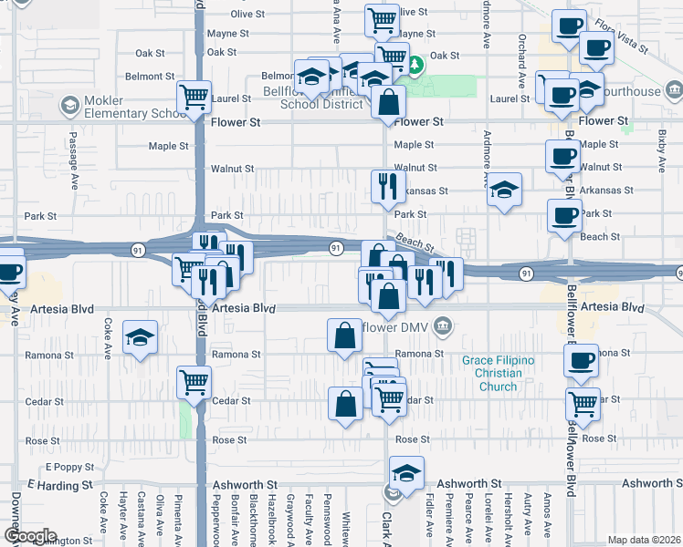 map of restaurants, bars, coffee shops, grocery stores, and more near 9318 Palm Street in Bellflower