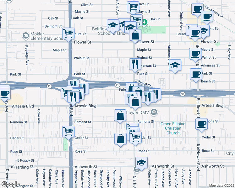 map of restaurants, bars, coffee shops, grocery stores, and more near 9318 Palm Street in Bellflower