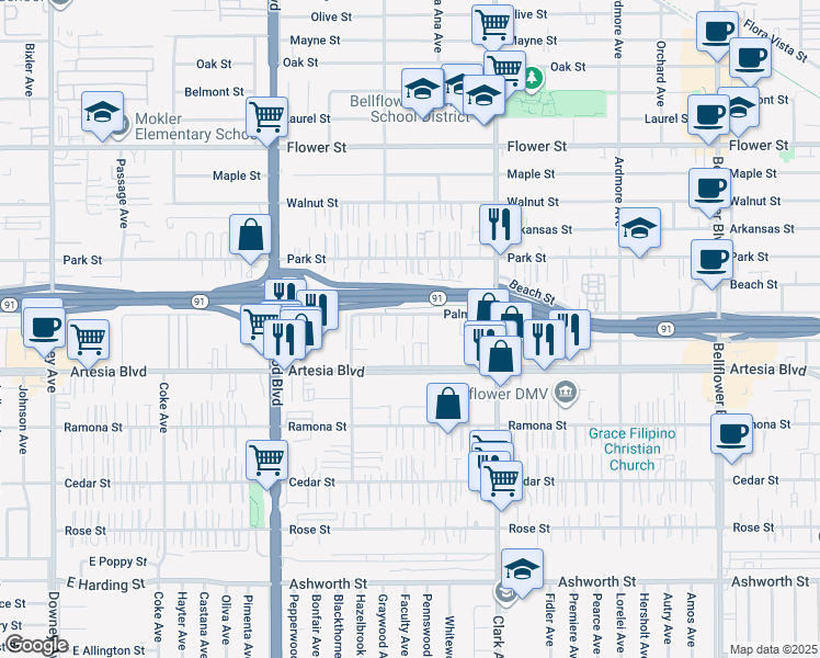 map of restaurants, bars, coffee shops, grocery stores, and more near 9240 Palm Street in Bellflower