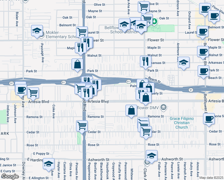 map of restaurants, bars, coffee shops, grocery stores, and more near 9140 Palm Street in Bellflower
