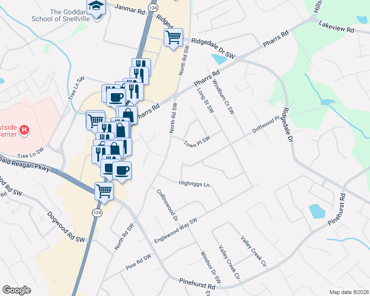 map of restaurants, bars, coffee shops, grocery stores, and more near 1906 Town Place Southwest in Snellville