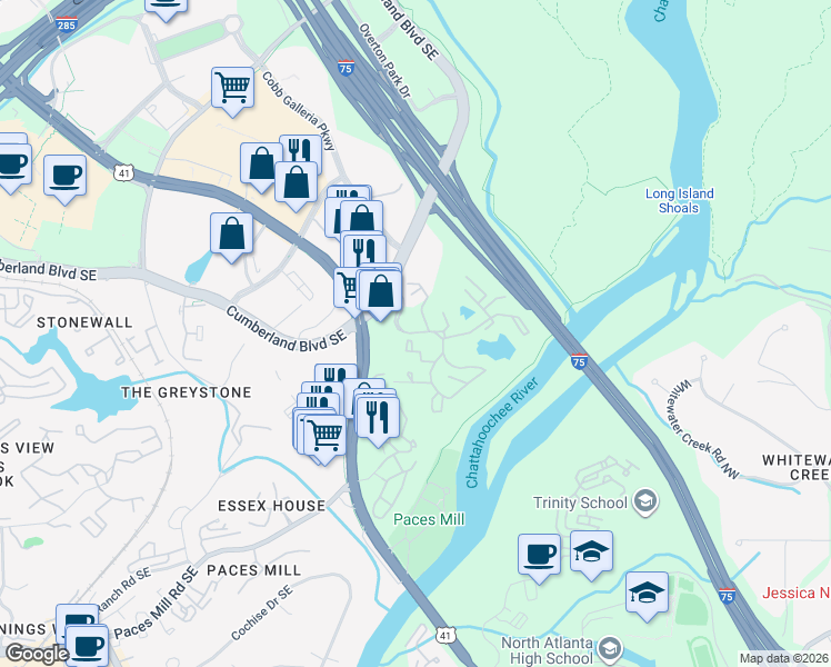 map of restaurants, bars, coffee shops, grocery stores, and more near 3203 Post Woods Drive Northwest in Atlanta